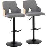 Stella Adjustable Swivel Bar Stool in Black Metal, Natural Wood & Light Grey Fabric (Set of 2)